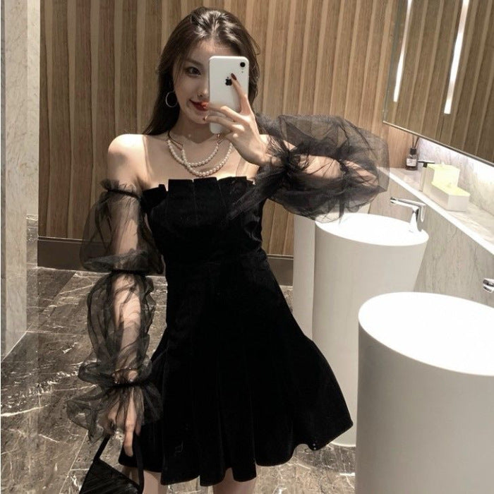 Temperament Mesh Bubble Sleeve Off Shoulder Waist Dress