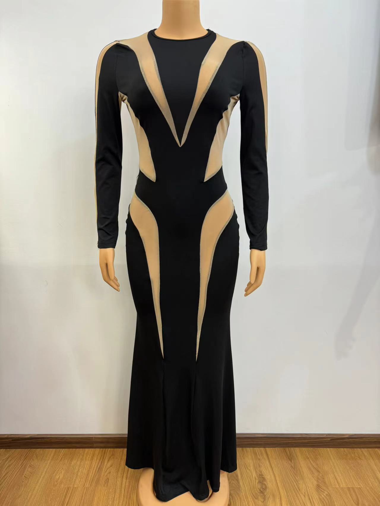 Women's Mesh Stitching Hip Long Skirt Slim Solid Color Dress