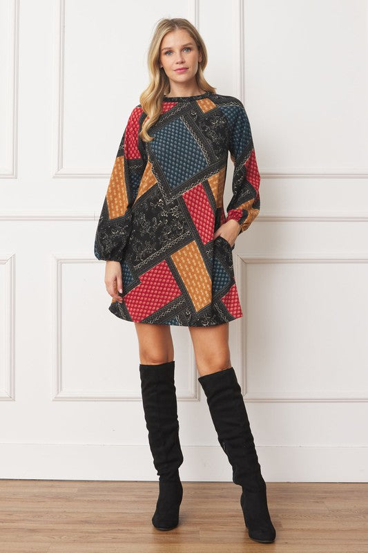 Long Sleeve Sweater Mini Dress with patch work print