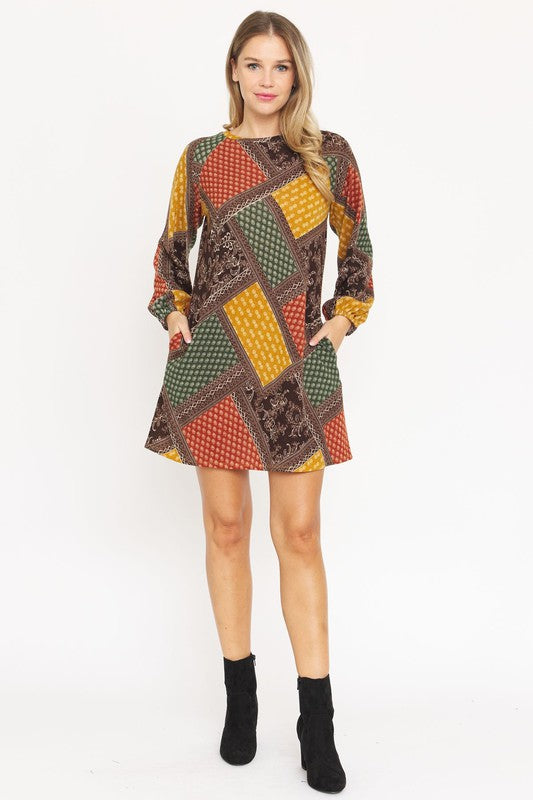 Long Sleeve Mini Dress in Patch Work Print