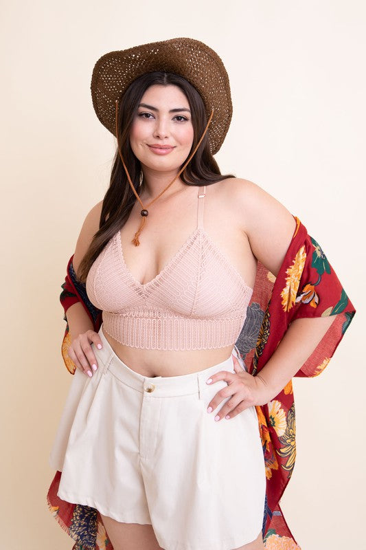Plus Size Ribbed Lace Boho Racerback Bralette.