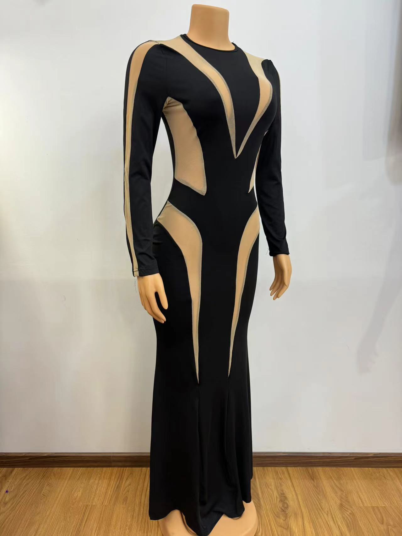 Women's Mesh Stitching Hip Long Skirt Slim Solid Color Dress