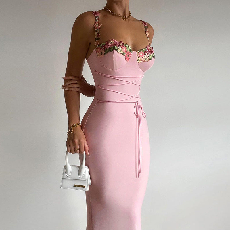Embroidered Flower Suspender Dress Summer Fashion Lace-up Tight Slimming Hip-hugging