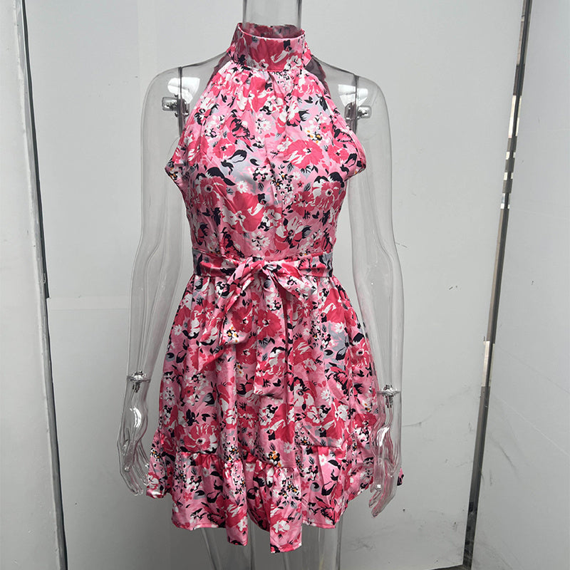 Flowers Print Halterneck Summer Fashion Temperament Lace-up Ruffled Dress