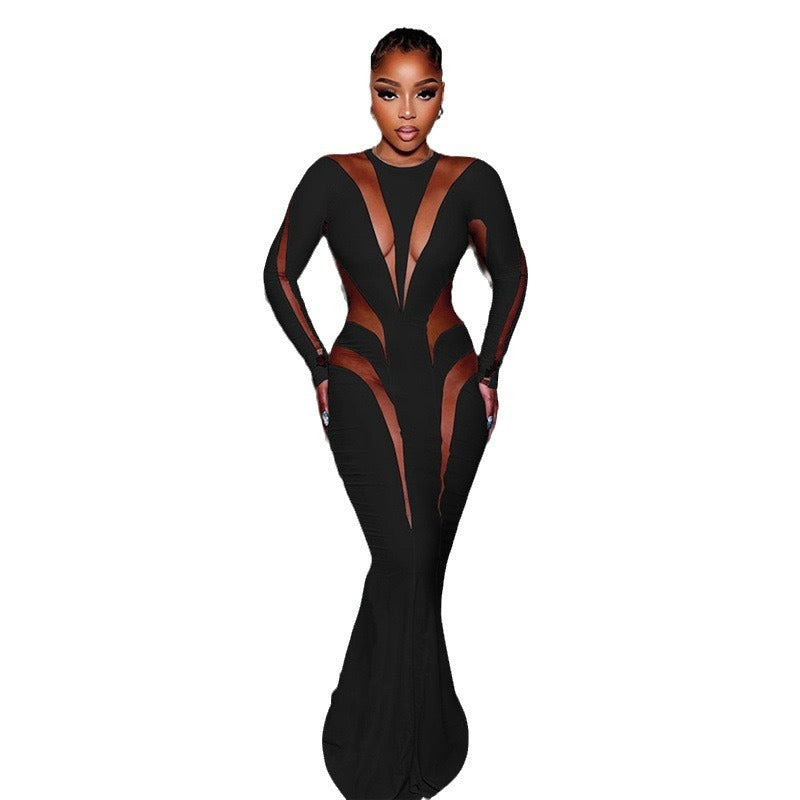 Women's Mesh Stitching Hip Long Skirt Slim Solid Color Dress