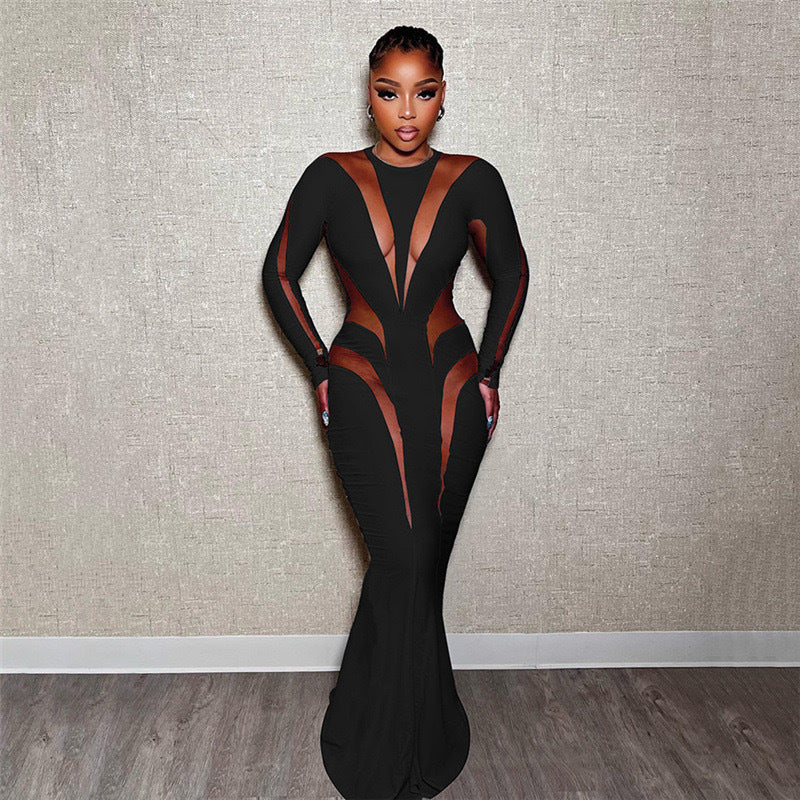 Women's Mesh Stitching Hip Long Skirt Slim Solid Color Dress