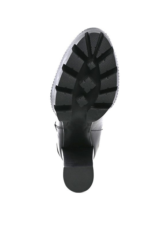 MISTRESS HIGH BLOCK HEELED CHUNKY LEATHER BOOT.