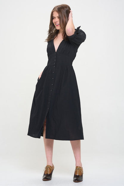 3/4 PUFF SLV TEXTURE VNECK BUTTON DOWN MIDI DRESS