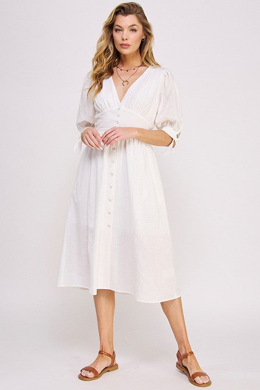 3/4 PUFF SLV TEXTURE VNECK BUTTON DOWN MIDI DRESS