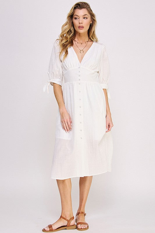 3/4 PUFF SLV TEXTURE VNECK BUTTON DOWN MIDI DRESS