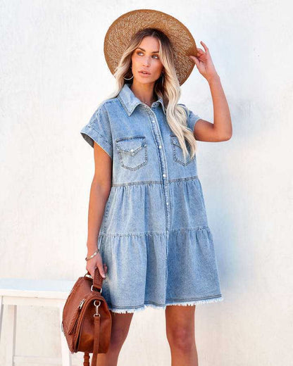 Fashion Loose Denim Shirt Short Sleeve Dress