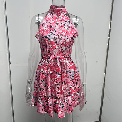 Flowers Print Halterneck Summer Fashion Temperament Lace-up Ruffled Dress