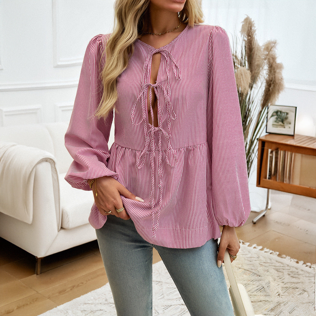 Women's Casual Loose Striped Lace-up Shirt