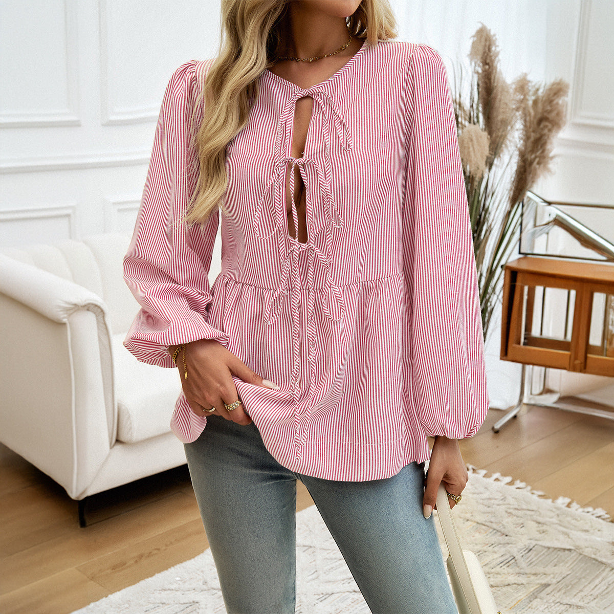 Women's Casual Loose Striped Lace-up Shirt