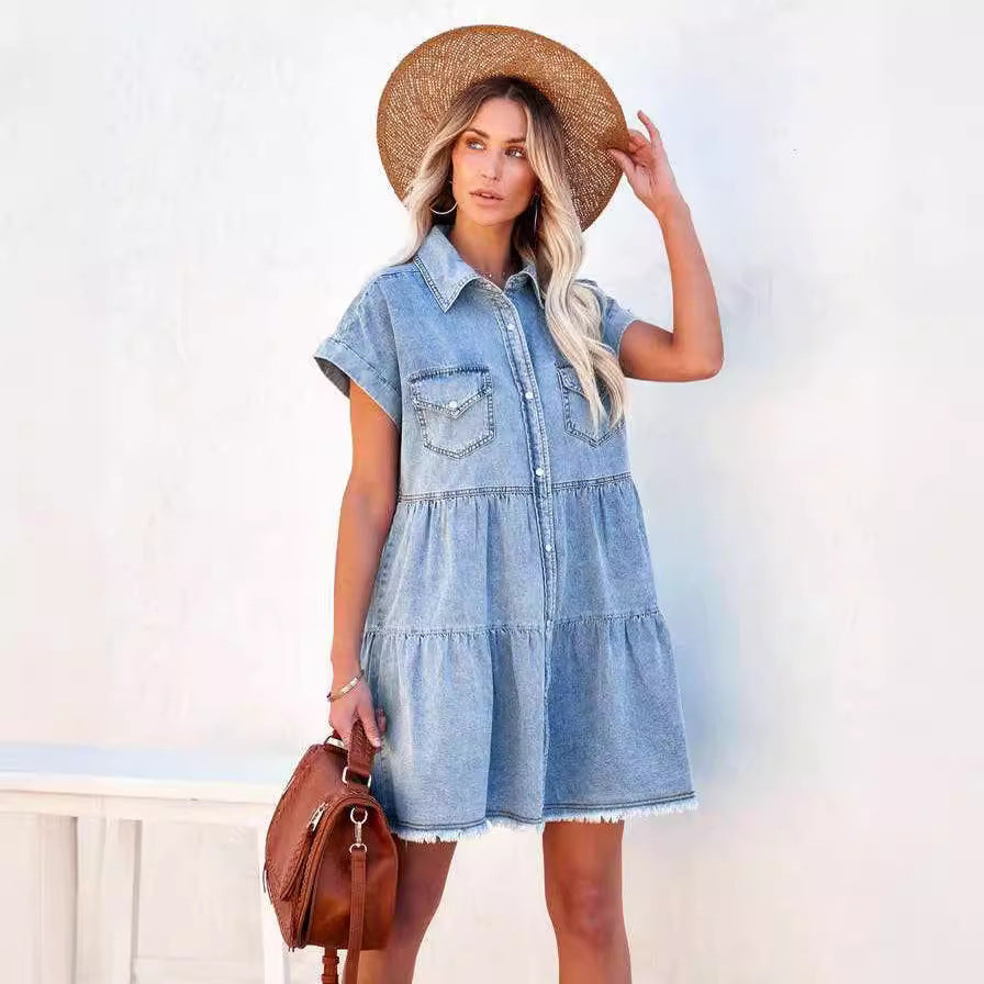 Fashion Loose Denim Shirt Short Sleeve Dress