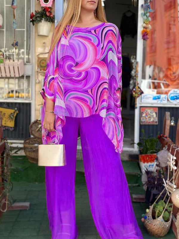 Summer New Colorful Chiffon Suit Casual Round Neck Printed Two-piece Suit