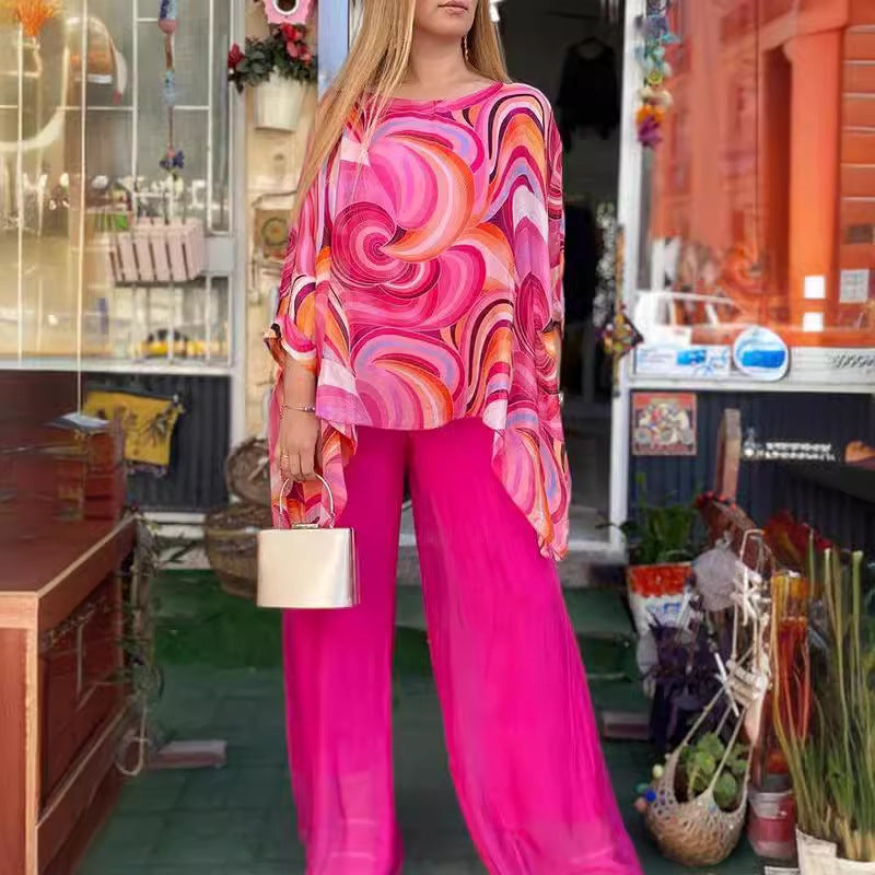 Summer New Colorful Chiffon Suit Casual Round Neck Printed Two-piece Suit