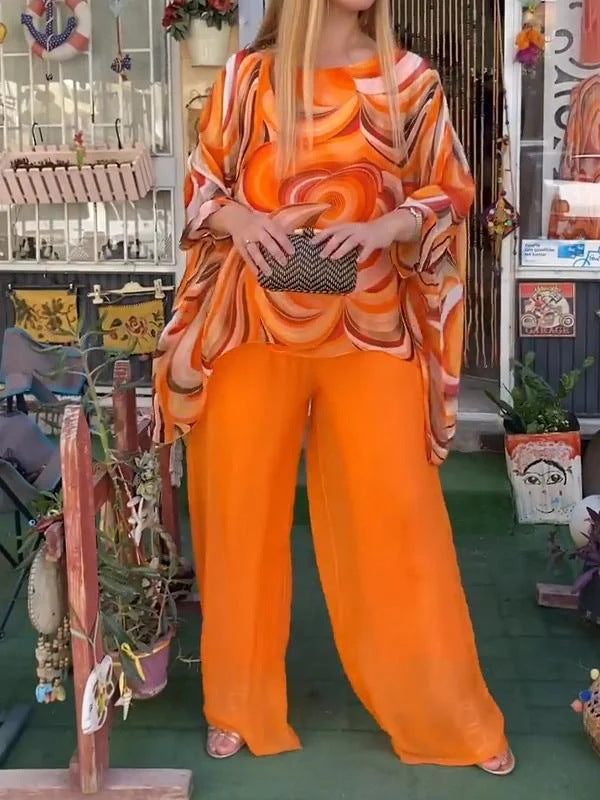 Summer New Colorful Chiffon Suit Casual Round Neck Printed Two-piece Suit