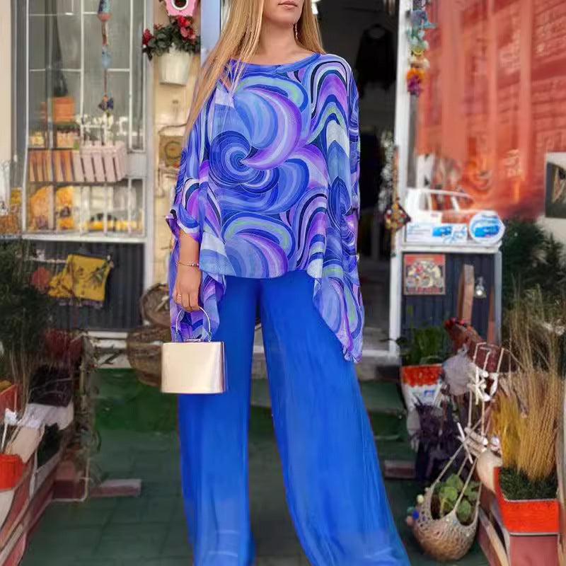 Summer New Colorful Chiffon Suit Casual Round Neck Printed Two-piece Suit