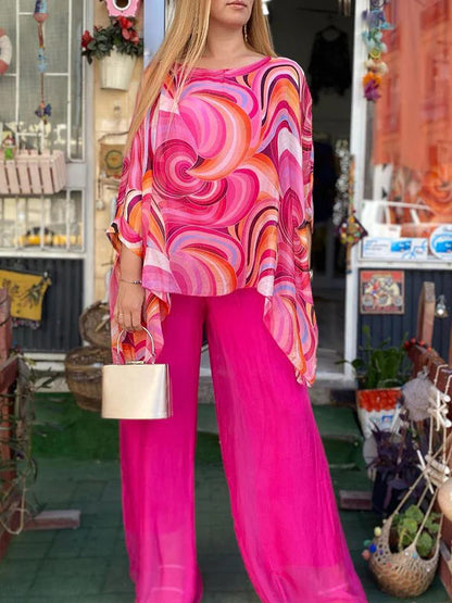 Summer New Colorful Chiffon Suit Casual Round Neck Printed Two-piece Suit
