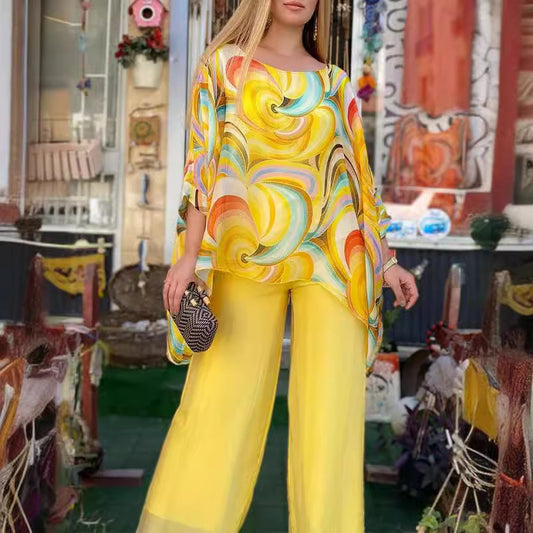 Summer New Colorful Chiffon Suit Casual Round Neck Printed Two-piece Suit