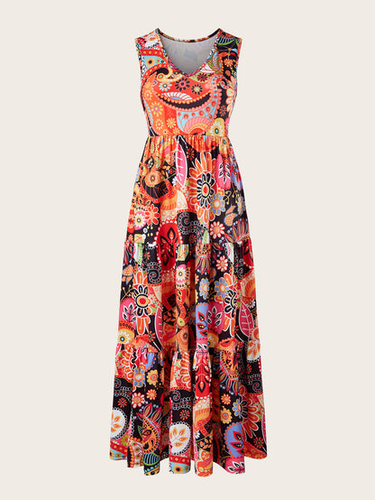 Bohemian Plus Size Dresses Loose Round Neck Ruffle Big Swing Print Spring Summer Casual Sleeveless Hem