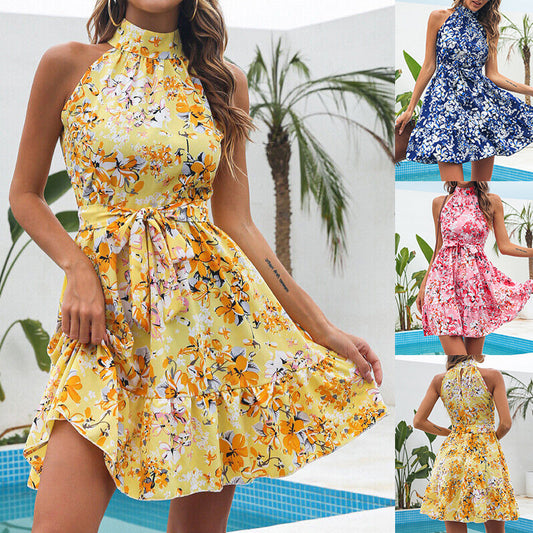 Flowers Print Halterneck Summer Fashion Temperament Lace-up Ruffled Dress